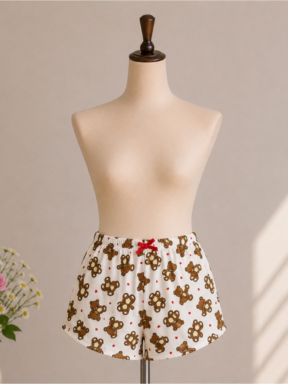 Others Follow White Teddy Bear Print Sleep Shorts with Red Bow